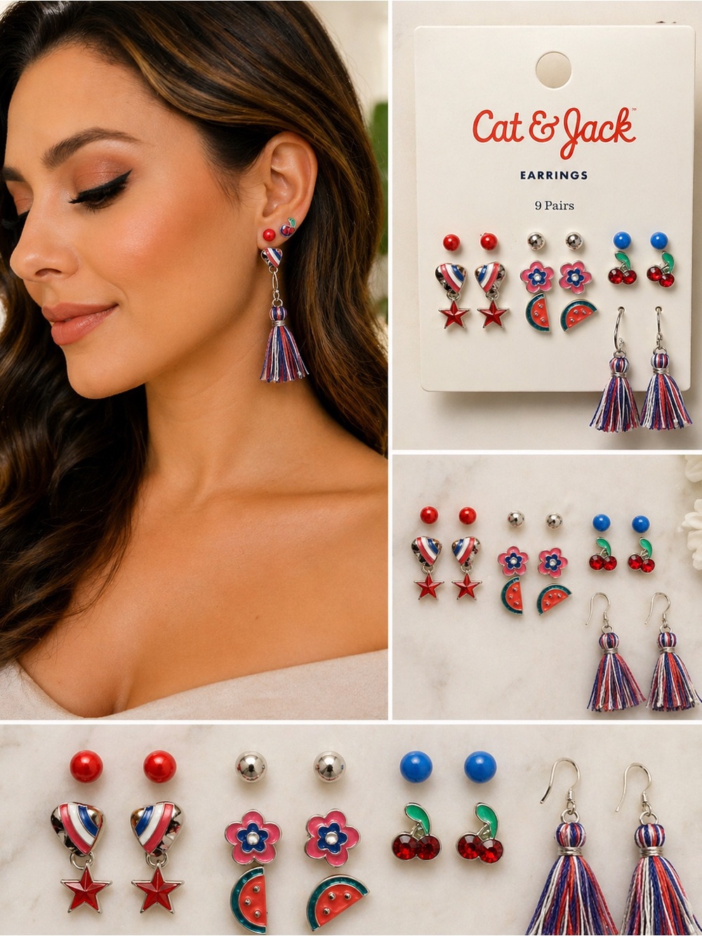 Cat & Jack Red, Blue and Multicolor Tassel & Stud Earring Set - 9 Pairs